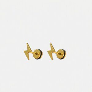 Gold Lightning Bolt Stainless Steel Stud Earrings Flat Screw Back